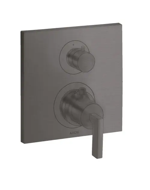 Thermostatunterputz von AXOR mit zwei Drehreglern und einem Hebelgriff in brushed black chrome. Rechteckige, mattschwarze Oberfläche, geeignet für die Wandmontage.